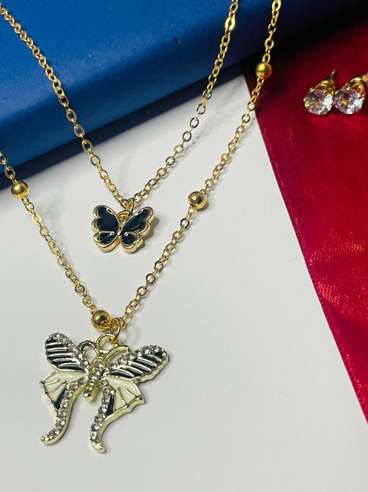 Double Chain Gold Platted Butterfly Necklace With Studs