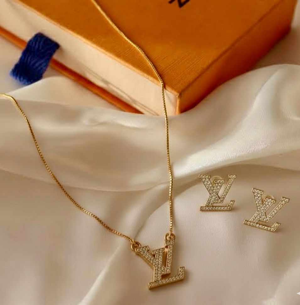 LV-Inspired Gold Tone Pave Jewelry Set