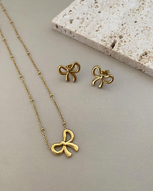 Golden Bow Necklace & Earrings Set