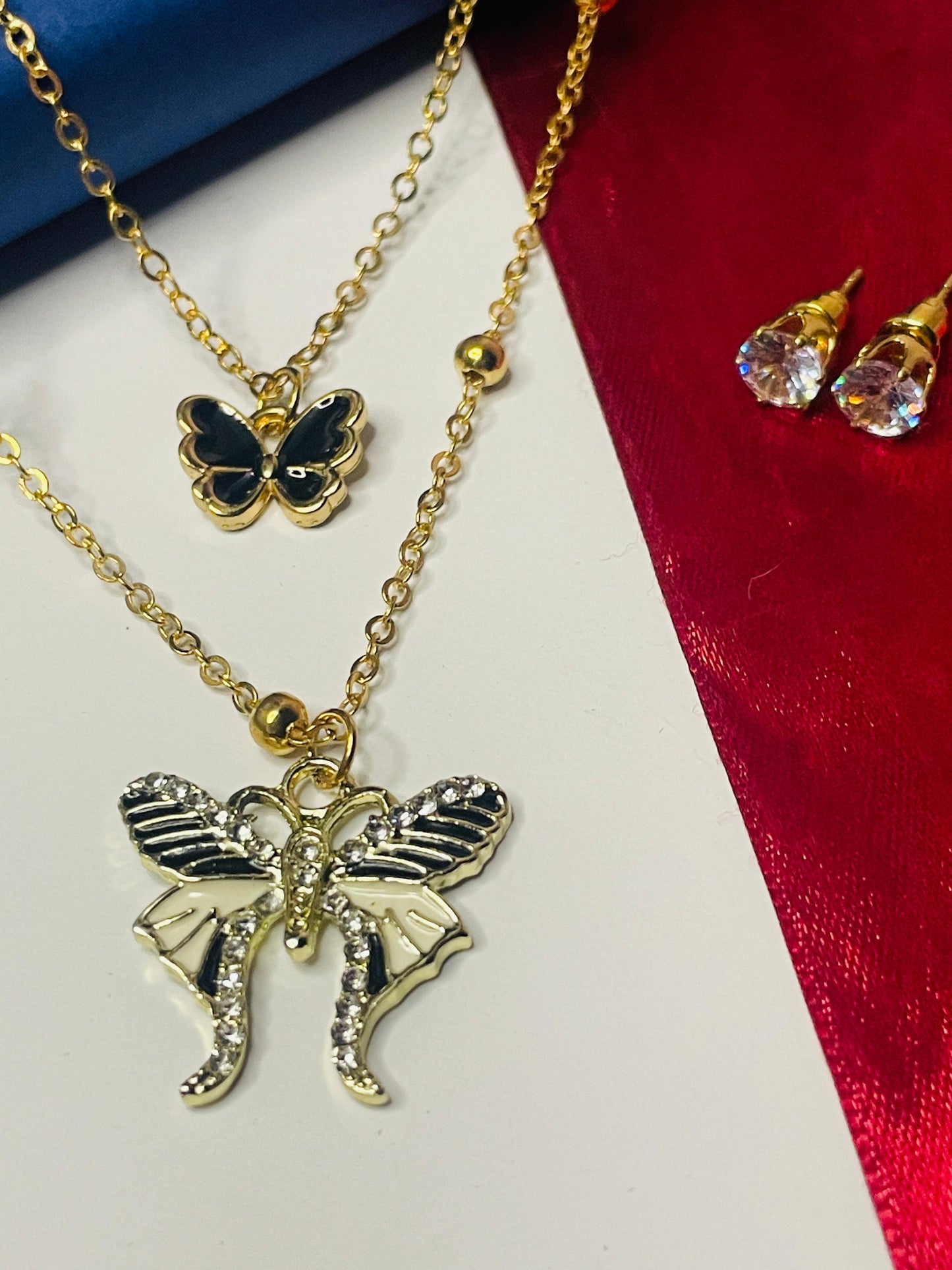 Double Chain Gold Platted Butterfly Necklace With Studs