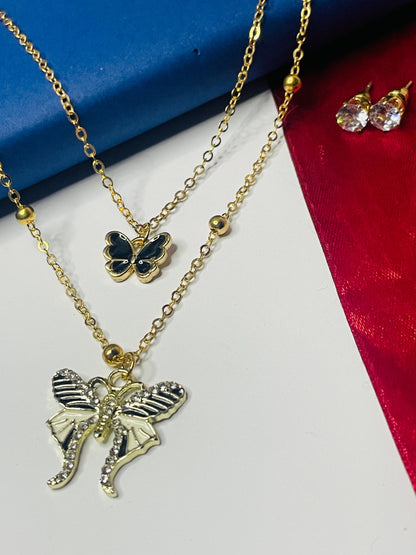 Double Chain Gold Platted Butterfly Necklace With Studs