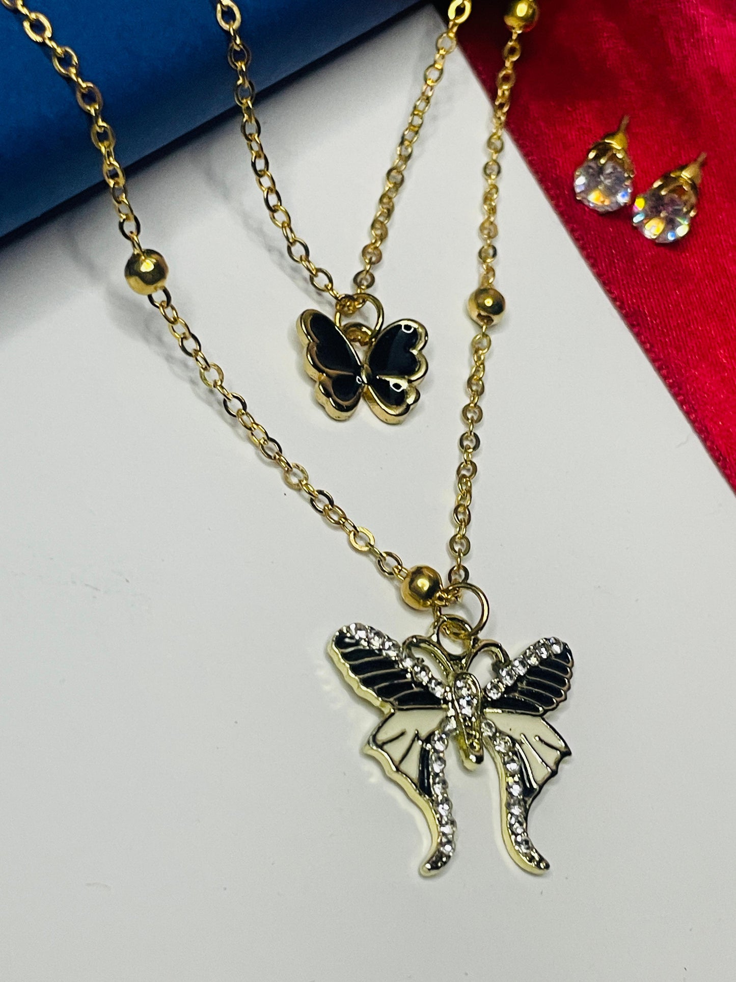Double Chain Gold Platted Butterfly Necklace With Studs