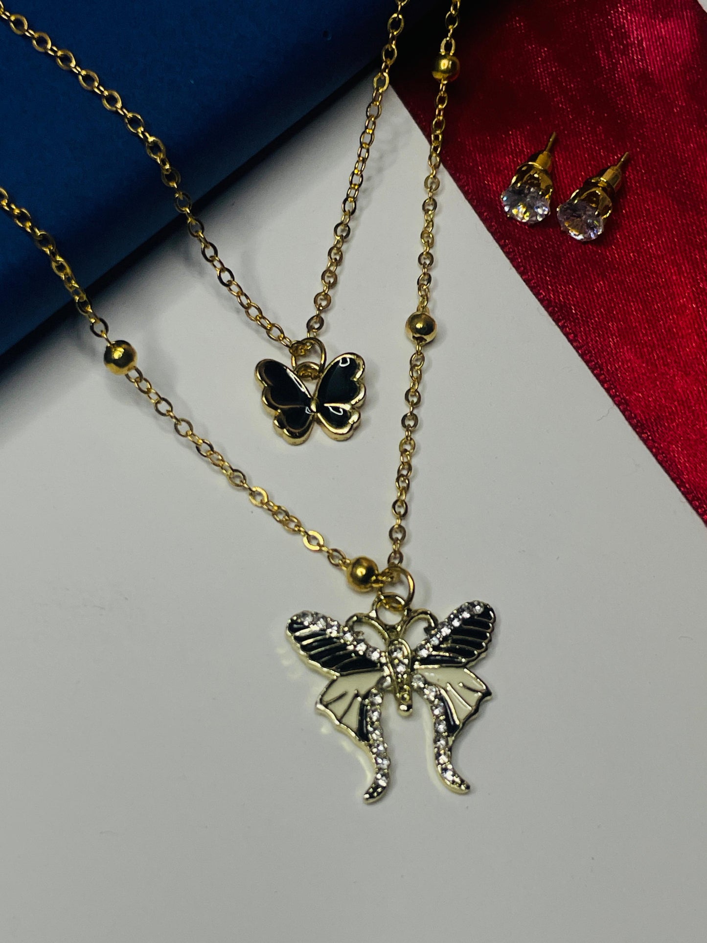 Double Chain Gold Platted Butterfly Necklace With Studs