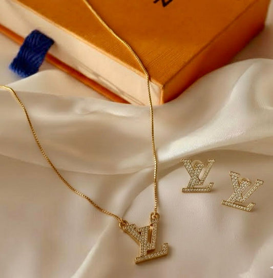 LV-Inspired Gold Tone Pave Jewelry Set