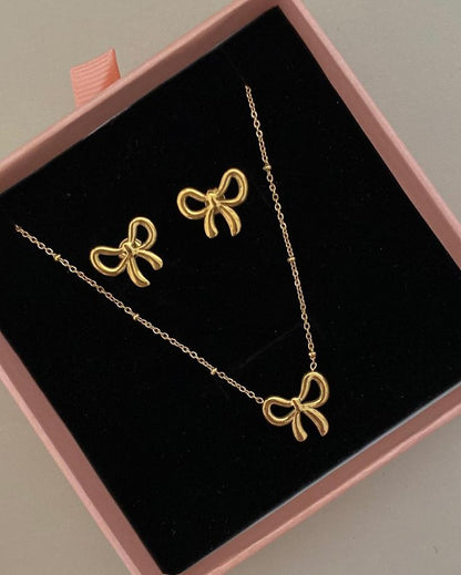 Golden Bow Necklace & Earrings Set